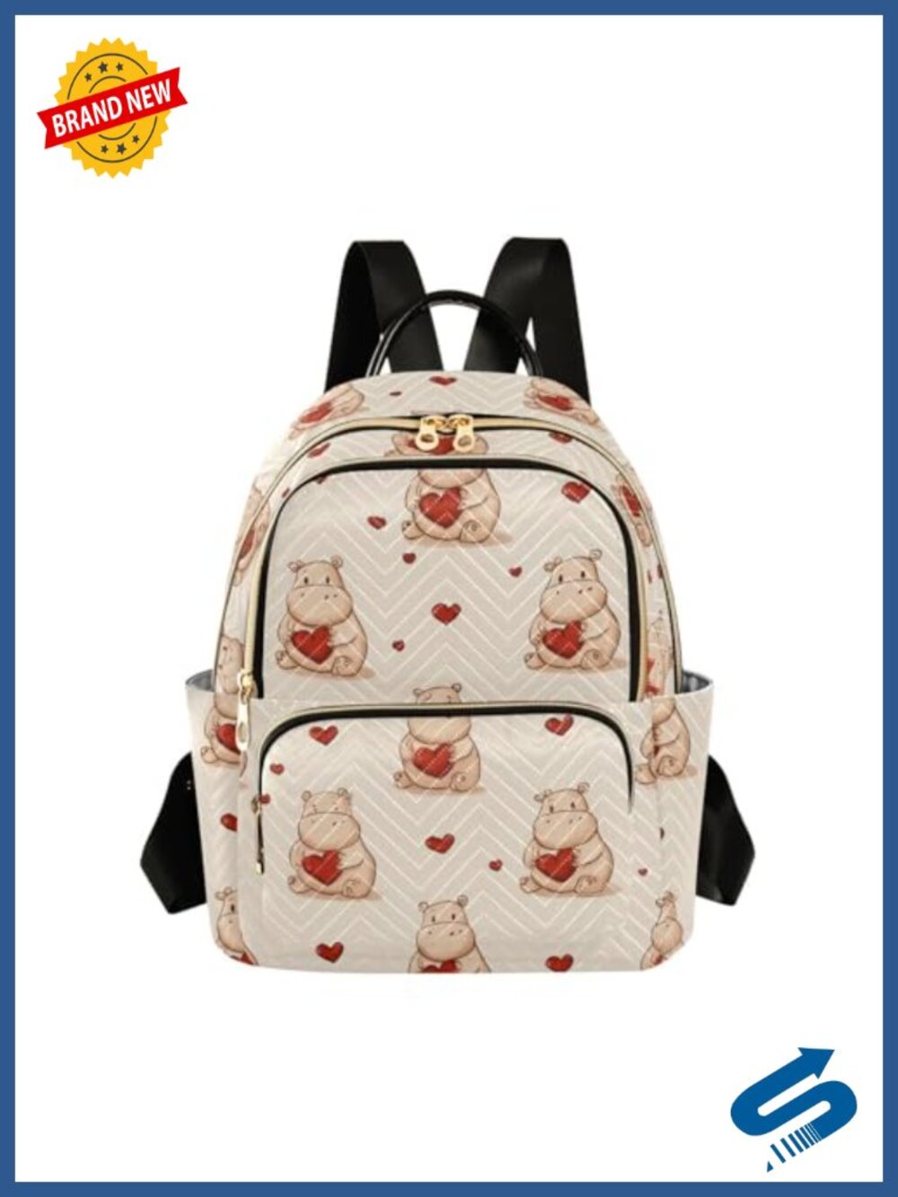 Quilted Hippo Hearts Backpack Purse Casual Daypack Travel College Shoulder Bag
